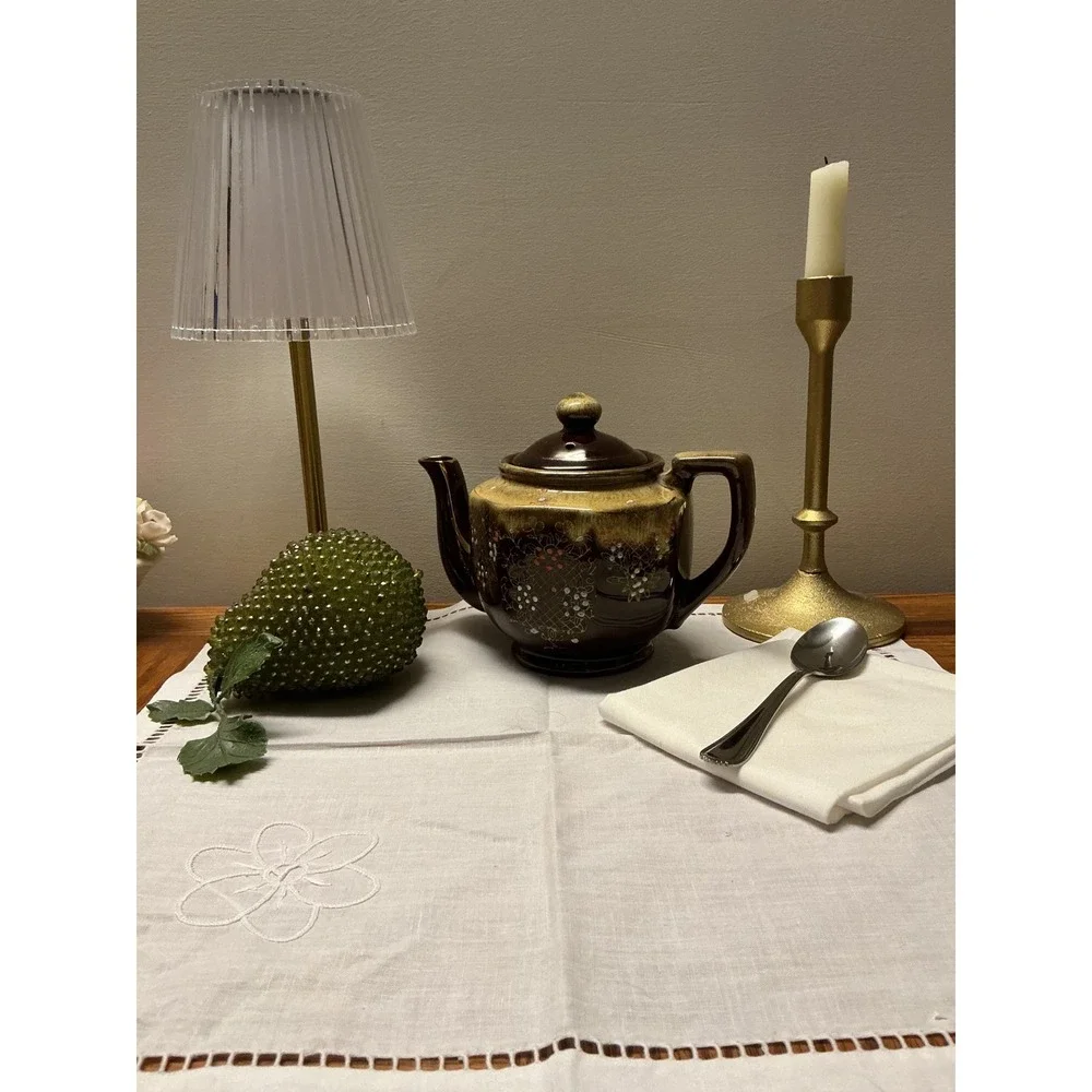 Vintage Japanese Ceramic Teapot Brown Drip Glaze‎ Hand Painted Floral Hexagonal